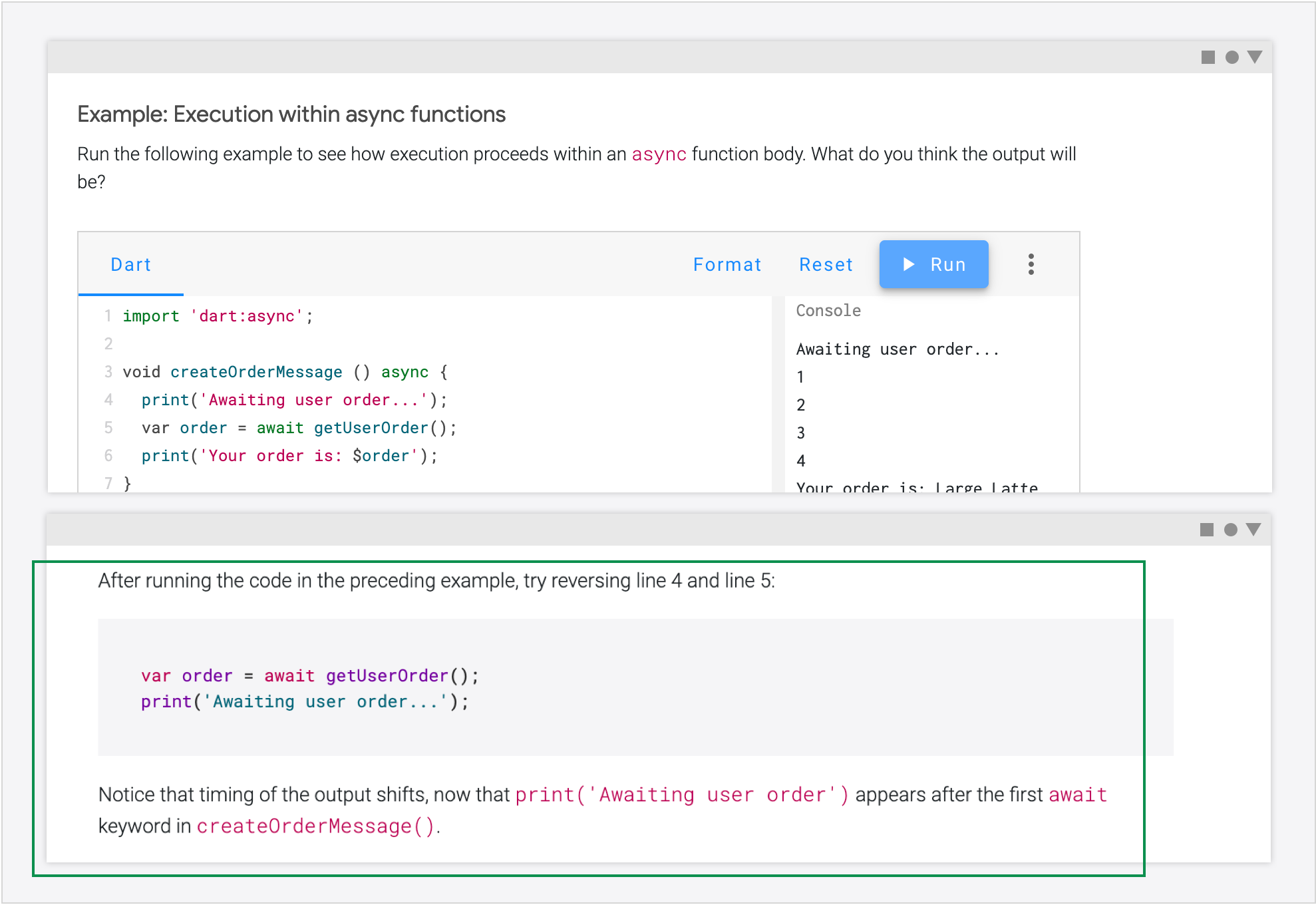 A code example: abstract execution flow and instructions for changing code