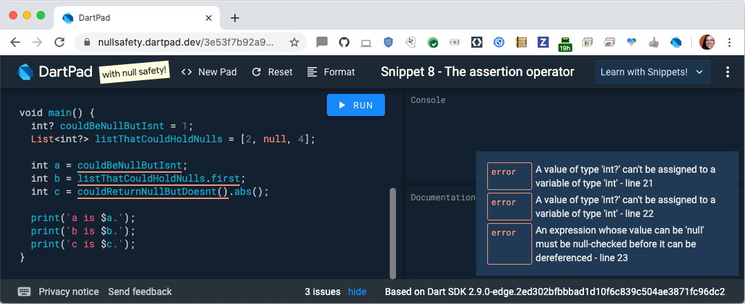 Screenshot of DartPad null safety snippet with analysis errors